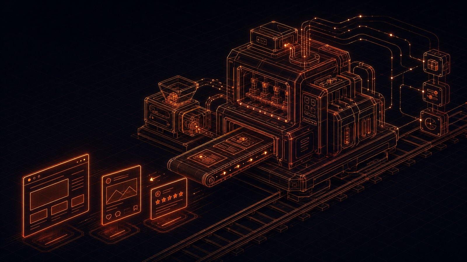 An isometric wireframe machine outputting finished marketing pieces on a conveyor belt — done-for-you marketing that runs itself