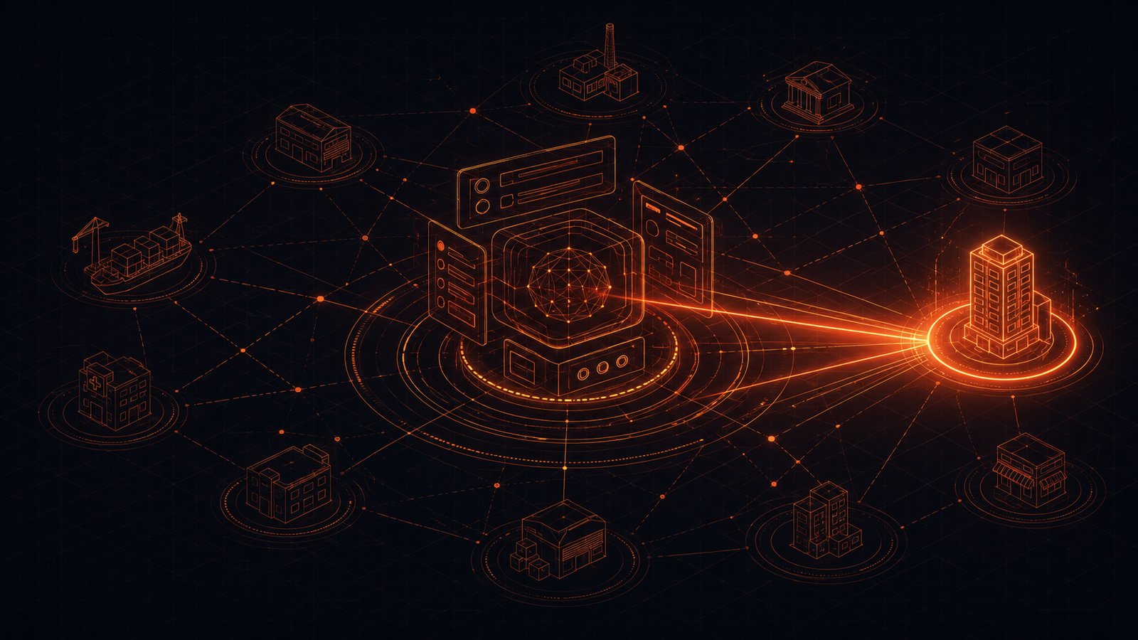 A wireframe AI search hub selecting one highlighted business out of many — getting found in AI search results