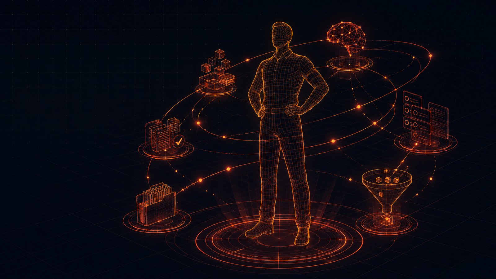 A wireframe worker silhouette supported by glowing ember AI nodes lifting the busy work — AI helping, not replacing, employees